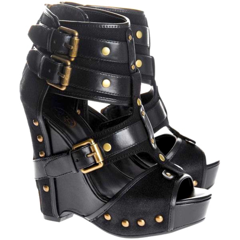 Ash Lyn Gladiator Canvas Black Gold Leather Buckle Platform Wedges Heels 37